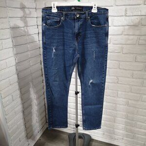 Zara Men's Size 36 Medium Wash Distressed Zipper & Button Closure Blue Jeans